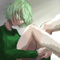 Rule 34 | 1girl, commentary request, cross-laced clothes, dress, gradient background, green dress, green eyes, green hair, grey background, highres, hot milk oc, legs, long sleeves, no headwear, parted lips, short hair, soga no tojiko, solo, touhou
