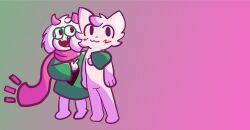 Rule 34 | 1other, 2boys, absurdres, animal ears, blush, boykisser, cat, cat boy, deltarune, furry, furry male, glasses, goat boy, goat ears, gradient background, green-framed eyewear, green headwear, highres, horns, hug, looking at another, mauzymice, meme, multiple boys, pink scarf, pointing, ralsei, round eyewear, scarf, simple background, smile, standing, white fur