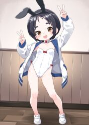 Rule 34 | 1girl, animal ears, arm up, black hair, black hairband, blush, bow, brown eyes, commentary, contrapposto, double v, fake animal ears, forehead, full body, hairband, highleg, highleg leotard, indoors, jacket, kantai collection, leotard, long sleeves, looking at viewer, maru-yu (kancolle), nail polish, nassukun, open clothes, open jacket, open mouth, paid reward available, playboy bunny, rabbit ears, red bow, red nails, shoes, short hair, smile, solo, standing, strapless, strapless leotard, tareme, thick eyebrows, v, white footwear, white jacket, white leotard