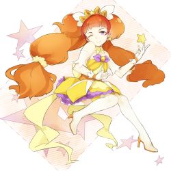 Rule 34 | 1girl, ;), amanogawa kirara, bare shoulders, boots, choker, cure twinkle, earrings, gloves, go! princess precure, highres, jewelry, long hair, magical girl, multicolored hair, one eye closed, orange hair, petticoat, precure, purple eyes, red hair, saviala, smile, solo, star (symbol), star earrings, thigh boots, thighhighs, twintails, two-tone hair, white footwear, white gloves, white thighhighs