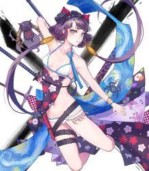 Rule 34 | 1girl, absurdres, bad id, bad pixiv id, bare shoulders, beads, belt, bikini, blue eyes, blush, bracelet, breasts, fate/grand order, fate (series), floral print, flower, goggles, goggles on head, hair flower, hair ornament, hakisou, highres, jewelry, katana, katsushika hokusai (fate), katsushika hokusai (swimsuit saber) (fate), looking at viewer, navel, octopus, open mouth, purple hair, short hair, short hair with long locks, small breasts, solo, swimsuit, sword, thigh strap, thighs, tokitarou (fate), weapon, white bikini