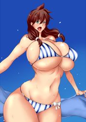 Rule 34 | 1girl, amano megumi, amano megumi wa suki darake!, bikini, blush, braid, breasts, brown hair, bursting breasts, cleavage, curvy, gigantic breasts, green eyes, long hair, navel, open mouth, solo, striped bikini, striped clothes, swimsuit, twin braids, umino mokuzu (a4 size), wide hips