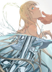 Rule 34 | 1girl, absurdres, blonde hair, blue eyes, ecomoesty, female focus, fingernails, floating clothes, floating hair, grey nails, hand on another&#039;s chin, highres, in water, long hair, looking back, mechanical parts, nail polish, original, profile, robot girl, shirt, sleeveless, sleeveless shirt, solo focus, upper body, very long hair, white shirt
