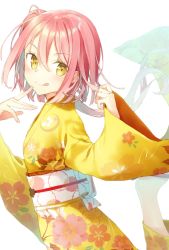 Rule 34 | 1girl, floral print, japanese clothes, kimono, looking at viewer, obi, original, pink hair, sash, short hair, smile, solo, tika (mika4975), wide sleeves, yellow eyes