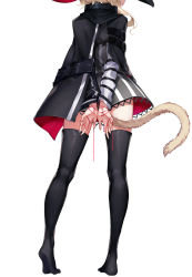 Rule 34 | 1girl, am1m, arknights, arms behind back, black cloak, black dress, black thighhighs, blonde hair, cat tail, cloak, dress, from behind, haze (arknights), head out of frame, highres, long hair, long sleeves, no shoes, short dress, simple background, solo, standing, striped clothes, striped dress, tail, thighhighs, white background