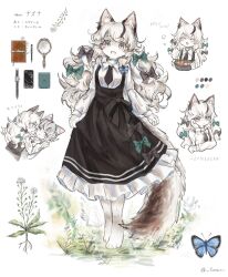 Rule 34 | 2girls, ^ ^, animal ears, barefoot, black dress, black necktie, blue butterfly, blue choker, blue eyes, body fur, bow, bowl, bug, butterfly, cat ears, cat girl, cat tail, choker, closed eyes, color guide, digitigrade, dress, dress bow, flower, full body, furry, furry female, grass, hair bow, hand mirror, highres, holding, holding bowl, insect, long hair, long sleeves, looking at viewer, mirror, multicolored hair, multiple girls, multiple hair bows, multiple views, necktie, open mouth, original, shirt, simple background, skirt hold, smile, solo focus, standing, streaked hair, tail, tonan (l0l0l0l0l0l), two-tone hair, white background, white flower, white fur, white hair, white shirt