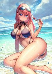 Rule 34 | 1girl, arm support, bare shoulders, barefoot, bikini, blue eyes, blush, breasts, cleavage, collarbone, day, goggles, goggles on head, highres, large breasts, long hair, looking at viewer, multi-strapped bikini, navel, o-ring, o-ring bikini, original, pink hair, playing with own hair, sakumichi, smile, solo, swimsuit, thighs, wet