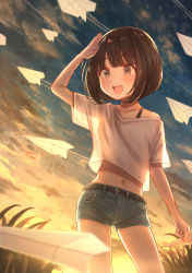 Rule 34 | 1girl, :d, arm up, bad id, bad pixiv id, belt, black belt, black hair, blush, cloud, collarbone, commentary request, denim, denim shorts, eyelashes, from below, highres, navel, open mouth, original, outdoors, paper airplane, shirt, short sleeves, shorts, sky, smile, solo, tanbonota46, teeth, tongue, upper teeth only
