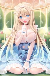 Rule 34 | 1girl, arm between legs, black choker, blonde hair, blue dress, blue eyes, blush, bow, breasts, cage, candy, character request, choker, cleavage, commentary, copyright request, covering mouth, dress, food, hair bow, highres, holding, holding candy, holding food, holding lollipop, large breasts, lollipop, long hair, looking at viewer, miko (royal milk), see-through bow, sitting, solo, stuffed animal, stuffed rabbit, stuffed toy, wariza, white bow, wrist wrap