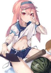Rule 34 | 1boy, absurdres, animal ears, ansel (arknights), ansel (casual vacation) (arknights), arknights, blue shorts, clothes lift, crossed bangs, food, fruit, hair between eyes, highres, holding, lifting own clothes, long sleeves, looking at viewer, lop rabbit ears, male focus, midriff, navel, official alternate costume, pink hair, rabbit boy, rabbit ears, red eyes, sakana-ko, shirt lift, short hair, shorts, simple background, sitting, solo, stick, trap, visor cap, watch, watermelon, watermelon between thighs, white background, wristwatch