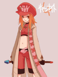 Rule 34 | 1girl, arms behind back, cowboy shot, gem, hat, jacket, kara (color), lisher, long sleeves, looking at viewer, midriff, navel, open clothes, open jacket, orange hair, peaked cap, red eyes, shade, short hair, shorts, solo, staff, standing, stomach, summon night, summon night 4