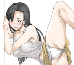 Rule 34 | 1girl, black hair, blush, breasts, brown eyes, crotch, elf (stroll in the woods), girls und panzer, groin, large breasts, nishi kinuyo, open mouth, panties, saliva, simple background, solo, spread legs, tank top, underwear, white background, white panties, white tank top