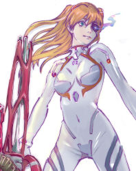 Rule 34 | 1girl, artist request, blue eyes, bodysuit, breasts, evangelion: 3.0+1.0 thrice upon a time, eyepatch, floating hair, glowing, glowing eye, hair ornament, highres, holding, holding weapon, lips, long hair, looking at viewer, medium breasts, neon genesis evangelion, orange hair, pilot suit, plugsuit, rebuild of evangelion, shiny clothes, skin tight, solo, souryuu asuka langley, two side up, weapon, white background, white bodysuit