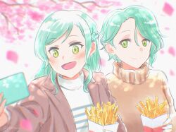 Rule 34 | 2girls, aqua hair, bang dream!, birthday, branch, brown jacket, brown sweater, cherry blossoms, commentary request, food, french fries, green eyes, happy birthday, hikawa hina, hikawa sayo, jacket, light blush, light smile, long hair, long sleeves, multiple girls, nature, selfie, shirt, short hair, siblings, sisters, smile, striped clothes, striped shirt, sweater, twins, white background, white shirt, xin (blueramen)