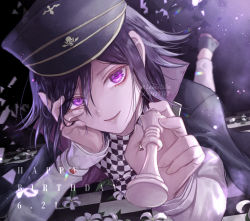 Rule 34 | 1boy, black cape, black headwear, cape, checkered clothes, checkered scarf, chess piece, closed mouth, danganronpa (series), danganronpa v3: killing harmony, dated, foot up, grey pants, happy birthday, holding, holding chess piece, king (chess), long sleeves, looking at viewer, lying, male focus, on stomach, oma kokichi, pants, pink eyes, scarf, shoes, smile, watermark, z-epto (chat-noir86)