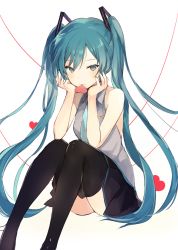 Rule 34 | 1girl, aqua eyes, aqua hair, aqua nails, aqua necktie, bare shoulders, black skirt, black thighhighs, closed mouth, collared vest, commentary, feet out of frame, hair ornament, hands on own cheeks, hands on own face, hands up, hatsune miku, heart, knees up, long hair, looking at viewer, lpip, mouth hold, nail polish, necktie, pleated skirt, sitting, skirt, smile, solo, symbol-only commentary, thighhighs, twintails, very long hair, vest, vocaloid, white background, white vest, zettai ryouiki
