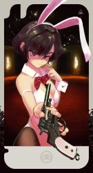 Rule 34 | 1girl, absurdres, animal ears, armband, bow, bowtie, breasts, brown hair, brown pantyhose, cleavage, closed mouth, gun, hand up, handgun, highres, holding, holding gun, holding weapon, leotard, looking at viewer, medium breasts, mole, mole under eye, nagant m1895, original, pantyhose, playboy bunny, polilla, rabbit ears, red bow, red bowtie, red eyes, revolver, russian roulette, solo, traditional bowtie, weapon, white leotard, wrist cuffs