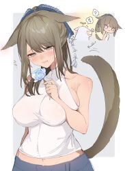Rule 34 | 1girl, animal ears, anoyo (anoyode0), blue flower, blue rose, blush, breasts, brown hair, cat ears, cat tail, facial mark, final fantasy, final fantasy xiv, flower, grey eyes, halterneck, highres, large breasts, long hair, miqo&#039;te, rose, sideboob, solo, tail, whisker markings