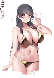 1girl absurdres alternate_costume bikini black_hair blush breasts commentary_request cowboy_shot gold_bikini hair_ribbon highres isokaze_(kancolle) kantai_collection large_breasts long_hair looking_at_viewer navel red_eyes ribbon shiny_swimsuit smile swimsuit tf_cafe twitter_username v white_background