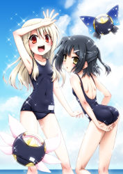 Rule 34 | 2girls, :d, adjusting clothes, adjusting swimsuit, arm up, armpits, ass, black hair, blonde hair, blush, collarbone, covered navel, day, fate/kaleid liner prisma illya, fate (series), hair ornament, hairclip, half updo, highres, horiguchi hiroshi, illyasviel von einzbern, long hair, looking at viewer, looking back, magical ruby, magical sapphire, miyu edelfelt, multiple girls, one-piece swimsuit, open mouth, outdoors, ponytail, red eyes, school swimsuit, short hair, short ponytail, smile, sparkle, swimsuit, yellow eyes