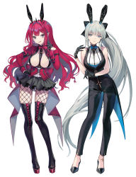 Rule 34 | 2girls, absurdly long hair, animal ears, black bow, blue eyes, bow, braid, breasts, cleavage, earrings, baobhan sith (fate), fate/grand order, fate (series), french braid, full body, grey eyes, grey hair, hair bow, highres, jewelry, large breasts, long hair, looking at viewer, morgan le fay (fate), multiple girls, pink hair, pointy ears, ponytail, rabbit ears, sidelocks, tiara, very long hair, vivi (eve no hakoniwa)