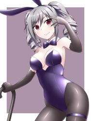 Rule 34 | 1girl, animal ears, black gloves, black pantyhose, bow, bowtie, cane, commentary request, cowboy shot, detached collar, drill hair, elbow gloves, fake animal ears, gloves, idolmaster, idolmaster cinderella girls, kanzaki ranko, leotard, looking at viewer, pantyhose, pataneet, playboy bunny, purple background, purple bow, purple bowtie, purple leotard, rabbit ears, rabbit girl, rabbit tail, red eyes, silver hair, smile, solo, strapless, strapless leotard, tail, twin drills, twintails, two-tone background, white background, wrist cuffs