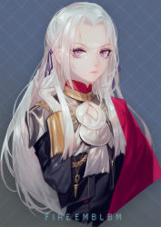 Rule 34 | 1girl, absurdres, blue background, capelet, closed mouth, commentary request, copyright name, cropped torso, edelgard von hresvelg, expressionless, fire emblem, fire emblem: three houses, garreg mach monastery uniform, gloves, grandia lee, hair ribbon, hand in own hair, highres, long hair, long sleeves, looking at viewer, nintendo, parted bangs, pink lips, purple eyes, purple ribbon, red capelet, ribbon, solo, upper body, white gloves, white hair