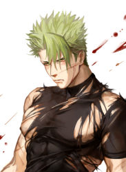 Rule 34 | 1boy, achilles (fate), bad id, bad pixiv id, blood, blood on face, brown eyes, changye, fate/apocrypha, fate/grand order, fate (series), green hair, hair up, large pectorals, male focus, nipples, pectorals, shirt, solo, tight clothes, tight shirt, torn clothes, torn shirt, yellow eyes