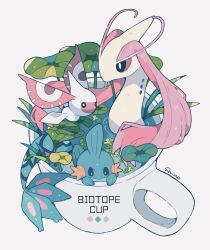 Rule 34 | algae, artist name, black eyes, bright pupils, closed mouth, color guide, commentary request, creatures (company), cup, game freak, gen 3 pokemon, highres, in container, in cup, in water, leaf, lotus leaf, masquerain, milotic, mudkip, mug, nintendo, no humans, partially submerged, plant, pokemon, pokemon (creature), shino (shinoru p), simple background, water, white background, white pupils