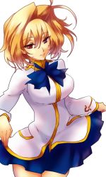 Rule 34 | 00s, 10s, 1girl, 6-k-i-7, arcueid brunestud, bad id, bad pixiv id, blonde hair, breasts, fate/extra, fate/stay night, fate (series), female focus, heterochromia, purple eyes, red eyes, school uniform, short hair, simple background, skirt, solo, tsukihime, white background
