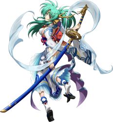 Rule 34 | 1girl, angelina (langrisser), aqua hair, backless kimono, breasts, brown eyes, floating hair, full body, hair ornament, highres, holding, holding sheath, japanese clothes, katana, kimono, langrisser, langrisser iv, large breasts, long hair, long sleeves, looking at viewer, looking back, obi, official art, ponytail, sash, sheath, sheathed, sideboob, solo, sword, toeless legwear, transparent background, very long hair, weapon, white kimono, white legwear, wide sleeves