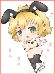 Rule 34 | 1girl, :3, ahoge, animal ears, bare shoulders, black headband, black pasties, black thighhighs, blonde hair, blue eyes, blush, boots, border, bra, breastless clothes, breasts, chibi, chibi only, cupless bra, detached collar, earclip, fake animal ears, fake tail, finger to cheek, floral background, fur collar, fur cuffs, green eyes, groin, hair ornament, hairclip, headband, heart pasties, heterochromia, kinako (mzknk0), large breasts, leotard, looking at viewer, meme attire, navel, open mouth, orange border, pasties, playboy bunny, pom pom (clothes), rabbit ears, rabbit tail, revealing clothes, reverse bunnysuit, reverse outfit, ryouna (senran kagura), senran kagura, senran kagura shinovi versus, shiny skin, short hair, smile, solo, standing, standing on one leg, stomach, tail, thigh boots, thighhighs, tongue, underwear, white background, white pom poms, wrist cuffs