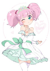 Rule 34 | 1girl, bare shoulders, blush, closed mouth, commentary, detached sleeves, dress, green eyes, hair bobbles, hair ornament, hand up, heart, jigatei (omijin), long sleeves, looking at viewer, off-shoulder dress, off shoulder, one eye closed, pink hair, solo, symbol-only commentary, thighhighs, tiara, translation request, twintails, v, white background, white dress, white sleeves, white thighhighs, yoshikawa chinatsu, yuru yuri