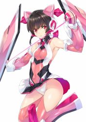 Rule 34 | 1girl, armor, bare shoulders, black hair, blunt bangs, breasts, clothes lift, commentary request, covered navel, elbow gloves, gauntlets, gloves, hair ornament, headgear, highres, leotard, long hair, looking at viewer, nagayori, pink eyes, pink thighhighs, senki zesshou symphogear, shiny clothes, shiny skin, simple background, skirt, small breasts, solo, standing, thighhighs, tsukuyomi shirabe, twintails, white background, yo-yo