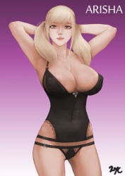 Rule 34 | +21yc (september breeze), 1girl, 21yc (september breeze), areola slip, arisha (mabinogi), armpits, arms behind head, arms up, blonde hair, breasts, cleavage, covered navel, female focus, grey eyes, highres, large breasts, long hair, looking at viewer, mabinogi, mabinogi heroes, smile, solo, standing, twintails
