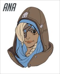 Rule 34 | 1girl, ana (overwatch), braid, character name, dark-skinned female, dark skin, eyepatch, facial mark, facial tattoo, female focus, flat color, grey hair, hijab, hood, looking at viewer, old, old woman, overwatch, overwatch 1, portrait, simple background, solo, tattoo, white background