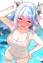 Rule 34 | 1girl, blue hair, blush, breasts, covered navel, flower-shaped pupils, full-face blush, furaggu (frag 0416), hair ornament, hair ribbon, highres, i-19 (kancolle), kantai collection, large breasts, looking at viewer, nipples, one-piece swimsuit, open mouth, red eyes, ribbon, school swimsuit, see-through, see-through one-piece swimsuit, smile, swimsuit, symbol-shaped pupils, tri tails, twintails, water, white one-piece swimsuit