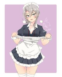 Rule 34 | 1girl, alternate costume, apron, asymmetrical hair, black dress, border, unworn clothes, commentary request, cowboy shot, dress, enmaided, flipped hair, frilled apron, frills, grey eyes, highres, kantai collection, looking at viewer, maid, maid apron, maid headdress, mochizou, nowaki (kancolle), open clothes, purple background, silver hair, solo, standing, swept bangs, thighhighs, two-tone background, white apron, white border, white thighhighs, wrist cuffs