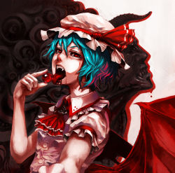 Rule 34 | 1girl, bad id, bad pixiv id, blood, blue hair, demon, face, fangs, female focus, food, fruit, gargoyle, hat, licking, open mouth, red eyes, remilia scarlet, solo, strawberry, teeth, tomo7266, tongue, touhou, wings