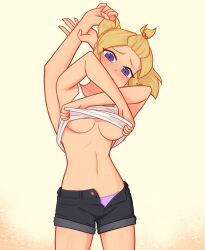 Rule 34 | 1girl, blonde hair, blue eyes, breasts, extra arms, highres, medium breasts, original, shirt, solo, tank top, underboob, undressing, white shirt, xyronii