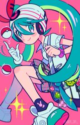 Rule 34 | 1girl, absurdres, bag, beanie, blush, bracelet, chueog, closed mouth, collared shirt, commentary, creatures (company), game freak, gloves, green hair, hat, hatsune miku, highres, jewelry, long hair, nintendo, pink background, plaid, plaid skirt, poke ball, poke ball (basic), pokemon, project voltage, psychic miku (project voltage), shirt, shoes, short sleeves, single glove, skirt, smile, socks, solo, telekinesis, twintails, vocaloid, white gloves, white hat, white shirt
