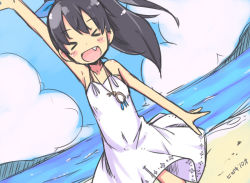 Rule 34 | &gt; &lt;, 1girl, :d, amulet, arm up, armpits, beach, black hair, blush, character name, child, dress, dutch angle, closed eyes, fang, ganaha hibiki, hand up, idolmaster, idolmaster (classic), jewelry, long hair, necklace, open mouth, ponytail, sand, sky, smile, solo, ueshita, water, white dress, aged down