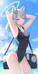 Rule 34 | 1girl, absurdres, arms behind head, arms up, bag, blue archive, blue eyes, blue sky, blush, breasts, cloud, cloudy sky, competition swimsuit, contrapposto, covered navel, cowboy shot, cross hair ornament, day, duffel bag, grey hair, hair ornament, hair tie in mouth, halo, highleg, highleg swimsuit, highres, hiyayo25, looking at viewer, medium breasts, mouth hold, one-piece swimsuit, outdoors, ponytail, shiroko (blue archive), shiroko (swimsuit) (blue archive), shoulder bag, sidelocks, sky, solo, standing, sunlight, swimsuit, thighs, two-tone swimsuit, tying hair, wet