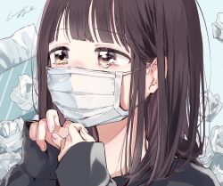 Rule 34 | 1girl, absurdres, black eyes, black hair, black hoodie, blunt bangs, commentary, from side, highres, hood, hoodie, long sleeves, looking ahead, mask, medium hair, mouth mask, nanase kurumi (menhera-chan), neck, original, own hands together, pomu (joynet), sick, signature, simple background, sleeves past wrists, surgical mask, tearing up, tissue box, upper body, used tissue, white background