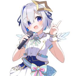 Rule 34 | 1girl, amane kanata, angel wings, asymmetrical bangs, asymmetrical hair, blue hair, blue wings, blush, bob cut, bow, bowtie, colored inner hair, commentary, corset, feathered wings, fragir, gradient wings, grey hair, hair over one eye, halo, hands up, highres, holding, holding microphone, hololive, hololive idol uniform (bright), idol, idol clothes, index finger raised, jacket, looking at viewer, microphone, mini wings, multicolored hair, multicolored wings, official alternate costume, open mouth, pink hair, puffy short sleeves, puffy sleeves, purple eyes, shirt, short hair, short sleeves, sidelocks, simple background, single hair intake, skirt, smile, solo, star halo, streaked hair, transparent background, upper body, virtual youtuber, waist bow, white jacket, white shirt, white skirt, white wings, wings, yellow halo