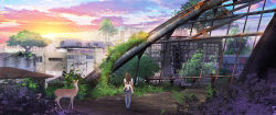 Rule 34 | 1girl, apron, bird, brown hair, building, city, cloud, commentary, deer, from behind, jongmin, lens flare, long hair, maid, maid apron, nature, original, plant, post-apocalypse, ruins, scenery, sky, solo, sunlight, sunset, thighhighs, tree, vines, white thighhighs