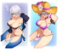 Rule 34 | 1girl, absurdres, angel (kof), ass, backless pants, bikini, blue eyes, bra, breasts, butt crack, chaps, cleavage, crop top, cropped jacket, downpants, dual persona, fingerless gloves, flower, gloves, hair over one eye, hat, hat flower, highres, jacket, large breasts, leather, leather jacket, looking at viewer, midriff, navel, panties, pants, revealing clothes, short hair, smile, snk, solo, strapless, strapless bra, straw hat, sun hat, swimsuit, the king of fighters, the king of fighters all-stars, the king of fighters xiv, toned, tongue, tongue out, underwear, white hair, whysoblau
