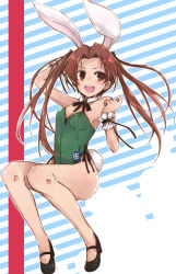 Rule 34 | 10s, 1girl, animal ears, black footwear, bow, breasts, brown eyes, brown hair, cleavage, detached collar, emblem, fake animal ears, fake tail, girls und panzer, green leotard, hair ribbon, highleg, highleg leotard, kadotani anzu, leotard, long hair, looking at viewer, mary janes, parted bangs, playboy bunny, rabbit ears, rabbit tail, ribbon, shoes, side-tie leotard, small breasts, solo, strapless, strapless leotard, striped, striped background, tail, twintails, wrist cuffs, yumesato makura