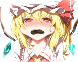 Rule 34 | 1girl, ascot, backlighting, bad id, bad pixiv id, blonde hair, blush, cheek bulge, collarbone, dara3150, dress, fangs, flandre scarlet, food, hat, hat ribbon, incoming kiss, looking at viewer, mob cap, pocky, pocky day, red dress, ribbon, solo, tears, touhou, upper body, wings, you&#039;re doing it wrong