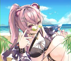 Rule 34 | 1girl, absurdres, animal ears, arknights, beach, bird, black choker, blue sky, breasts, choker, cloud, hair between eyes, hair ornament, hairclip, highres, jacket, jewelry, knees up, lin (arknights), long sleeves, mouse ears, necklace, off shoulder, official alternate costume, outdoors, pink eyes, pink hair, ponytail, purple jacket, sand, see-through, sitting, sky, small breasts, solo, star (symbol), star hair ornament, sunglasses, thigh strap, tinted eyewear, underboob, w, water, yuki (nanao yuki)